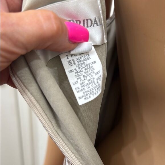 David's Bridal Cream Tan Gold Silver Maxi Dress & Long Sleeve Jacket Side Slit - Picture 9 of 13